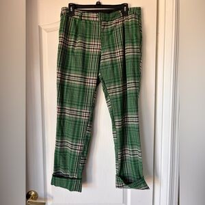 Free People All For Me Green Plaid, Slim Straight Leg, Rolled Hem Pants Womens 6